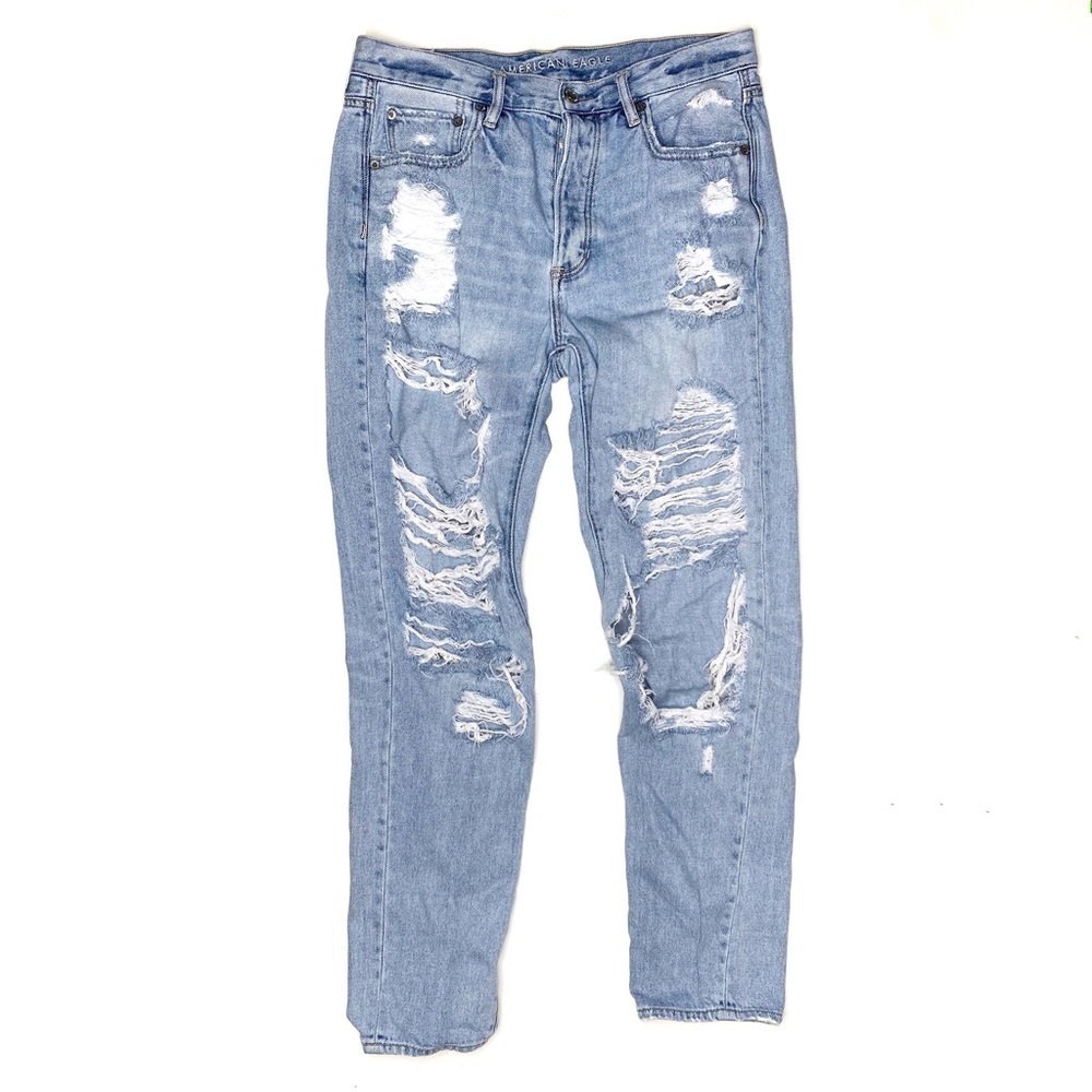 AE High Rise Girlfriend Jeans Distressed Light Wash Ripped 8 Long
